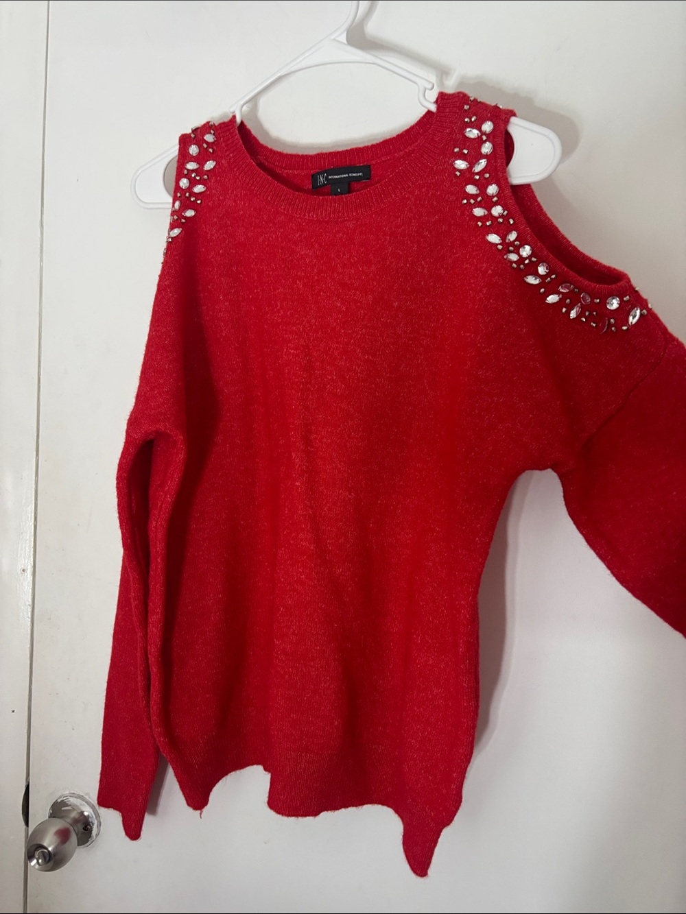 INC International Concepts Red Cold-Shoulder Sweater with Shoulder Rhinestones